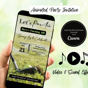 Animierte Video-Geburtstagsfeier-Einladung zum Golf, einfache DIY bearbeitbare Vorlage Per Text senden, Let's Par-tee Herreneinladung Golf Swing