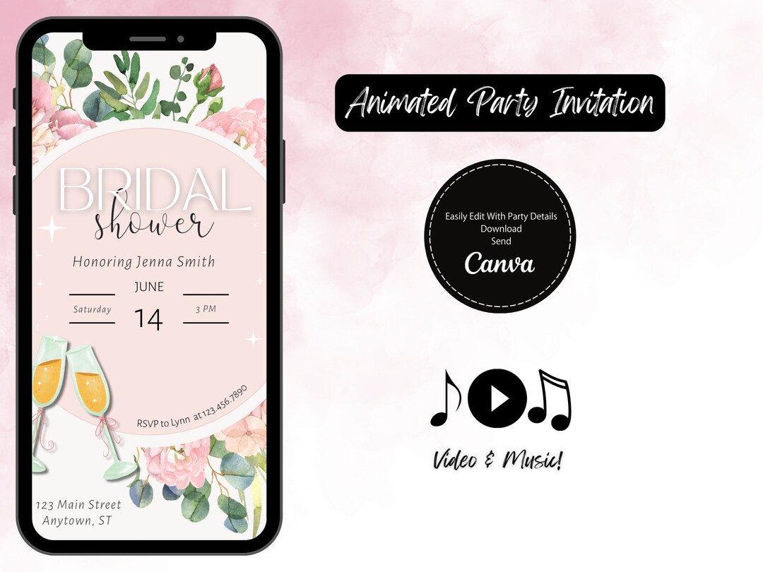 Animated Electronic Bridal Shower Invitation Template, Simple DIY Editable Template Send via