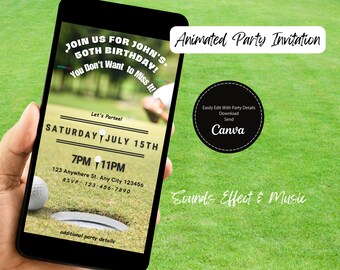 Funny Animated Golf Birthday Party Invitation: Editable Template (Digital Download)