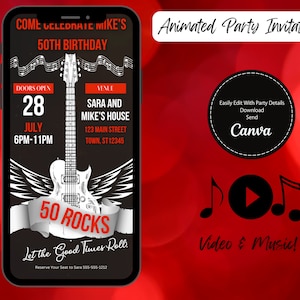 Animierte Rock and Roll Themed Digital Geburtstagsfeier-Einladung, einfache DIY bearbeitbare Vorlage Per Text senden, für jedes Geburtstagsjahr bearbeiten