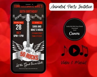 Animated Rock and Roll Themed Digital Birthday Party Invitation, Simple DIY Editable Template Send Via Text,  Edit for Any Birthday Year