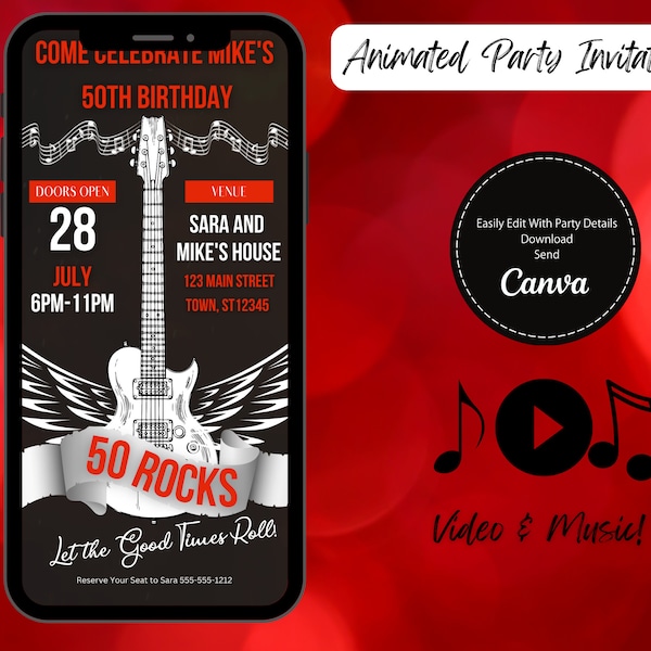 Animated Rock and Roll Themed Digital Birthday Party Invitation, Simple DIY Editable Template Send Via Text,  Edit for Any Birthday Year