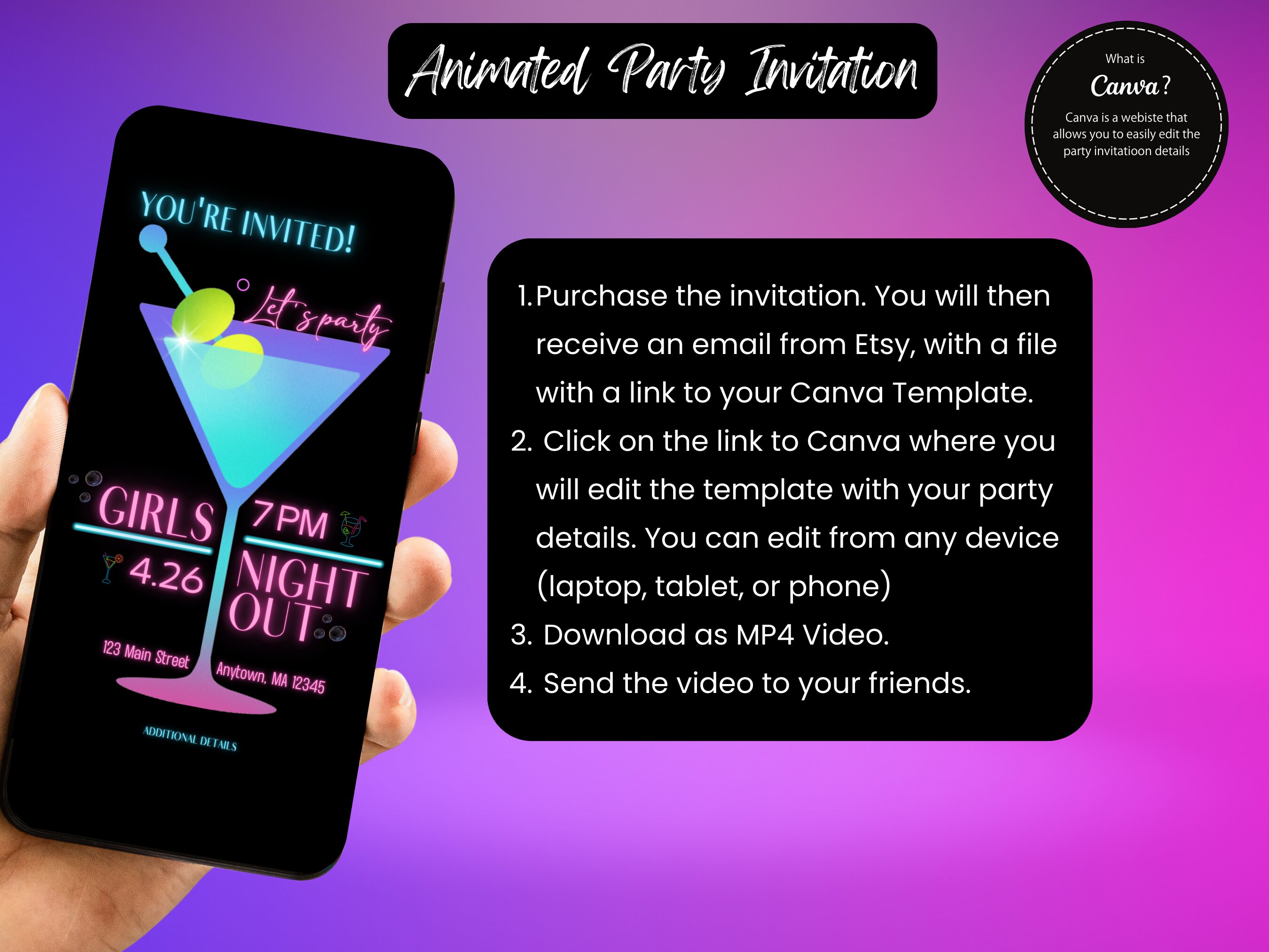 Animated Girls Night Out Invitation: Editable Cocktail Party Invite ...