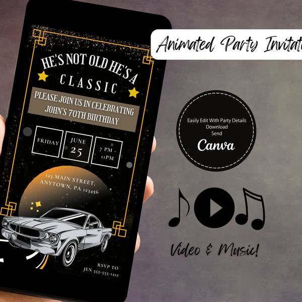 Animated Classic Car Themed Video Birthday Party Invitation, Simple DIY Editable Template Send Via Text,  He's Not Old He's Classic