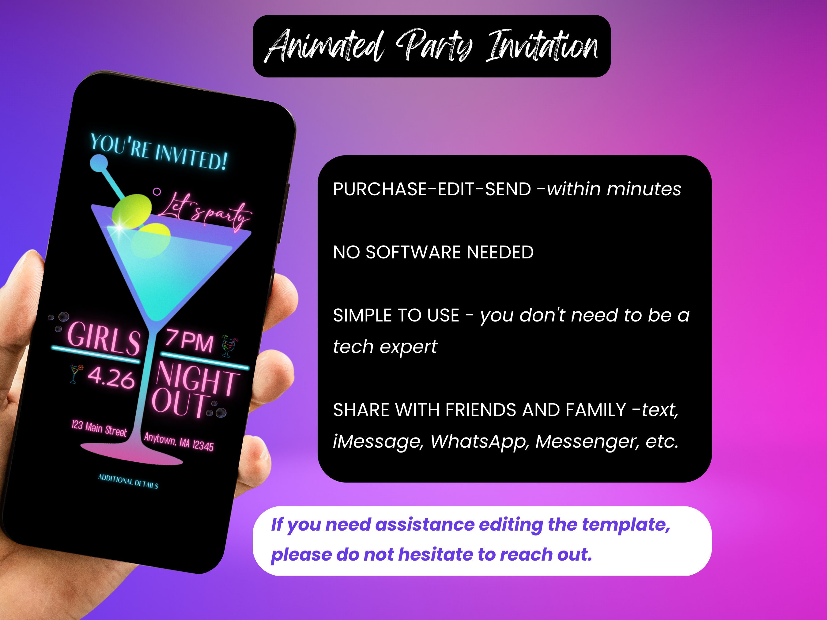 Animated Girls Night Out Invitation: Editable Cocktail Party Invite ...