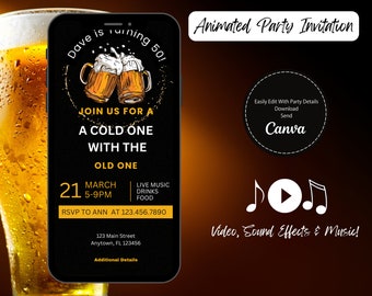 Funny Animated Video Birthday Party Invitation, Simple DIY Editable Template Send Via Text,  Men's Invitation Have a Cold One With Old One