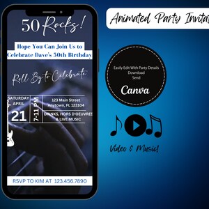 Puede incluir: Una invitación animada de fiesta azul y blanca para un 50 cumpleaños. La invitación presenta una guitarra, notas musicales y el texto "50 Rocks!" y "Roll By to Celebrate".