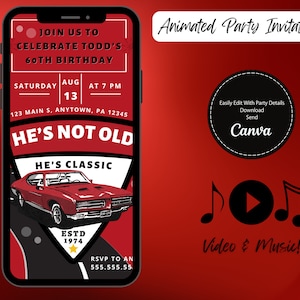 Animated Classic Car Themed Video Birthday Party Invitation, Simple DIY Editable Template Send Via Text,  He&#39;s Not Old He&#39;s Classic