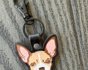 Dog Keychain Hand Painted Leather Chihuahua Keychain Dog Face Keychain Animal Lover Gift Dog Lover Unique Gift