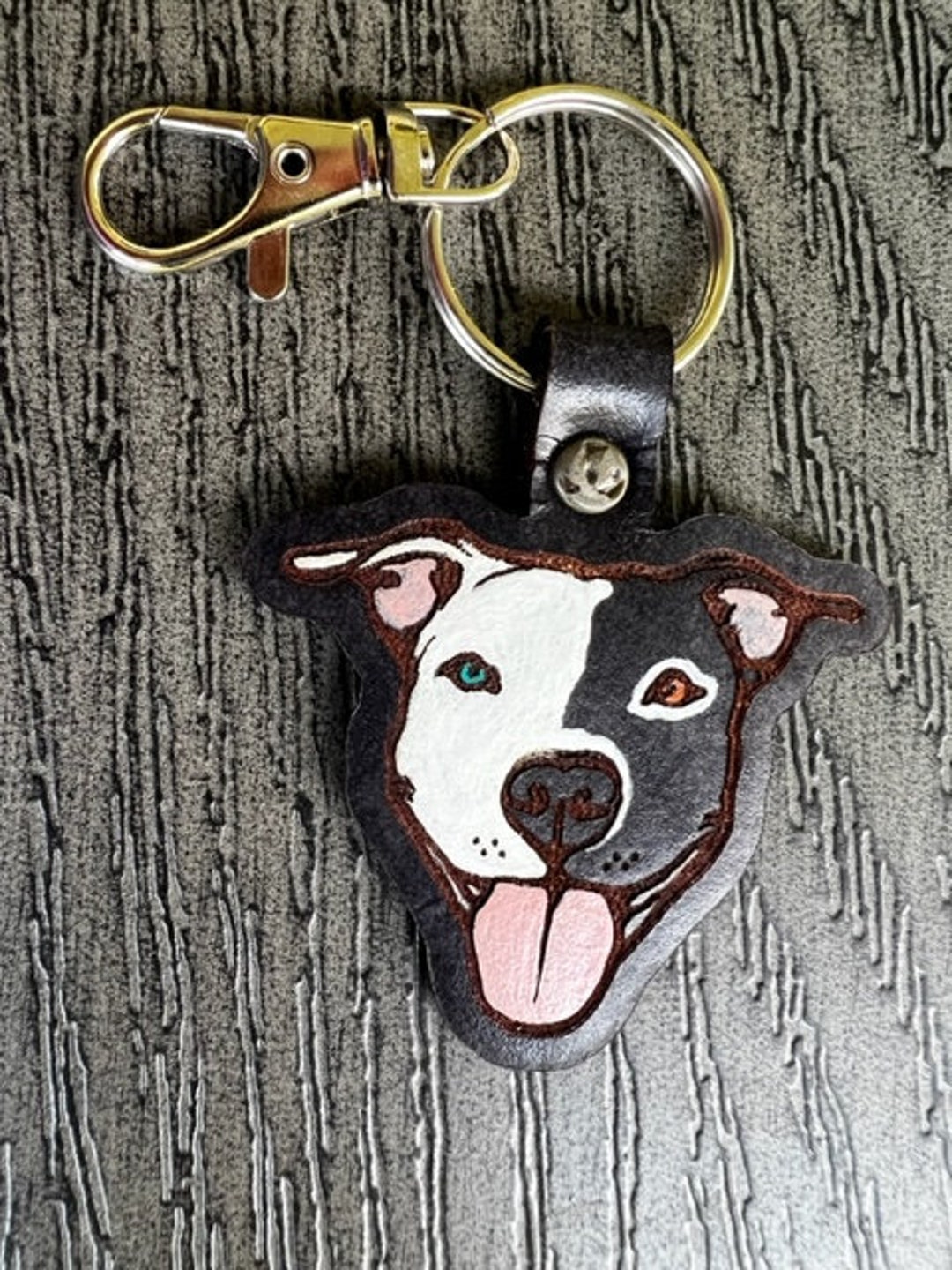 Dog Keychain Dog Portrait Keychain Hand Painted Leather Pitbull
