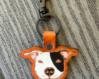 Cute Leather Hand Painted Pitbull Keychain Bully Keychain