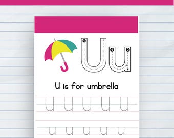 Op de afbeelding: Een printbaar werkblad om de hoofdletter en kleine letter U te traceren. Het werkblad bevat een illustratie van een kleurrijke paraplu en de tekst "U is for umbrella".