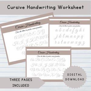 Può includere: Foglio di lavoro di calligrafia corsiva con tre pagine incluse. I fogli di lavoro presentano la pratica della formazione delle lettere corsive, con alfabeti maiuscoli e minuscoli. Download digitale.