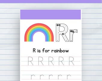 Op de afbeelding: Een afdrukbaar werkblad om de hoofdletter en kleine letter R te traceren. Het werkblad bevat een regenboog en de tekst "R is for rainbow".