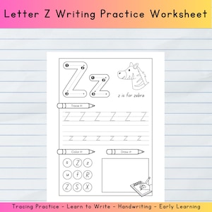Letter Z Tracing Worksheet - Preschool & Kindergarten Handwriting Practice - Alphabet Printable Activity for Kids