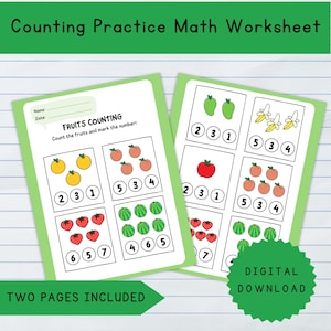 Könnte beinhalten: Zweiseitiges digitales Mathe-Arbeitsblatt zum Zählen üben. Das Arbeitsblatt enthält farbenfrohe Illustrationen von Früchten wie Orangen, Pfirsichen, Erdbeeren, Wassermelonen, Äpfeln und Bananen. Der Text lautet "FRUITS COUNTING" und "Zählen Sie die Früchte und markieren Sie die Nummer!"