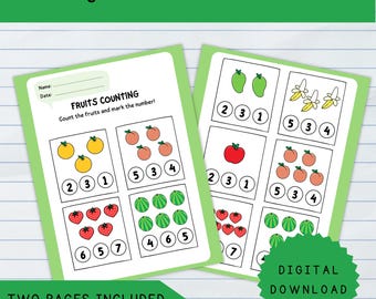 Hoja de trabajo de matemáticas sobre frutas para preescolar, números para jardín de infantes, actividades de conteo y práctica de reconocimiento de números