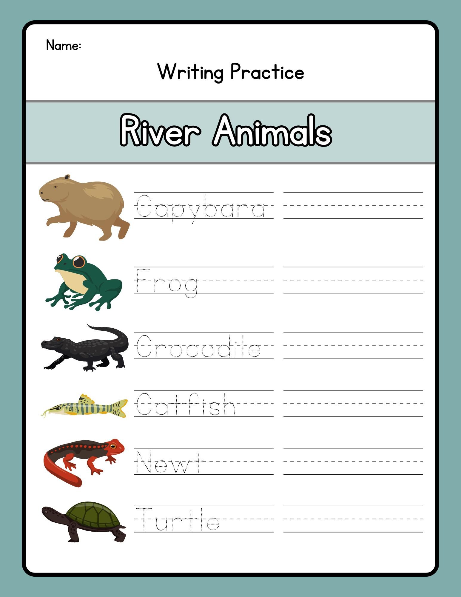 River Animal Tracing Worksheet | Learn to Write River Animals ...