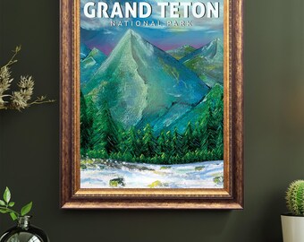 Cartaz de viagem | Parque Nacional Grand Teton | Arte na montanha | Jackson Hole | Wyoming | Presente | Caminhada