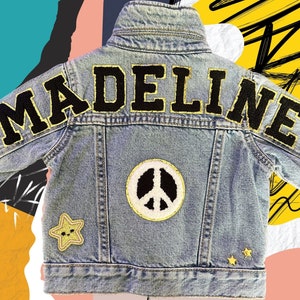 Benutzerdefinierte Patch Jacke Personalisierte Jeansjacke mit Patches und Namen Personalisierte Jeansjacke mit Buchstaben, Aufnähern, Nieten, Bling Name Jacke Bild 1