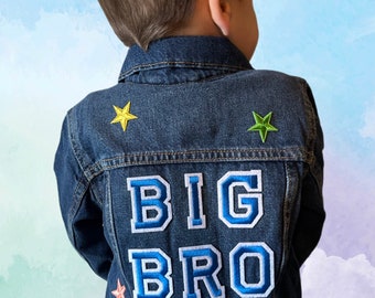 BIG BRO Pregnancy Announcement Jean Jacket with Patches | Baby Announcement Jacket | Custom Jean Jacket | New Baby Gift, Big Brother