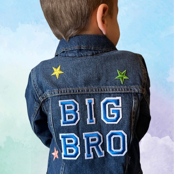 BIG BRO Pregnancy Announcement Jean Jacket with Patches | Baby Announcement Jacket | Custom Jean Jacket | New Baby Gift, Big Brother