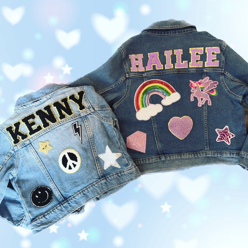 Benutzerdefinierte Patch Jacke Personalisierte Jeansjacke mit Patches und Namen Personalisierte Jeansjacke mit Buchstaben, Aufnähern, Nieten, Bling Name Jacke Bild 7