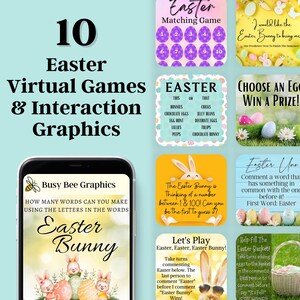 May include: A collection of 10 Easter virtual games and interaction graphics. The image includes a matching game, a fill-in-the-blank game, and other interactive prompts. The graphics feature Easter bunnies, eggs, and spring colors.