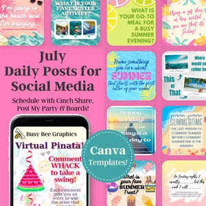 May include: A vibrant selection of Canva templates designed for social media, focusing on summer-related themes and interactive content. The image showcases graphics for beach activities, food, and summer evenings. Text includes "July Daily Posts for Social Media".