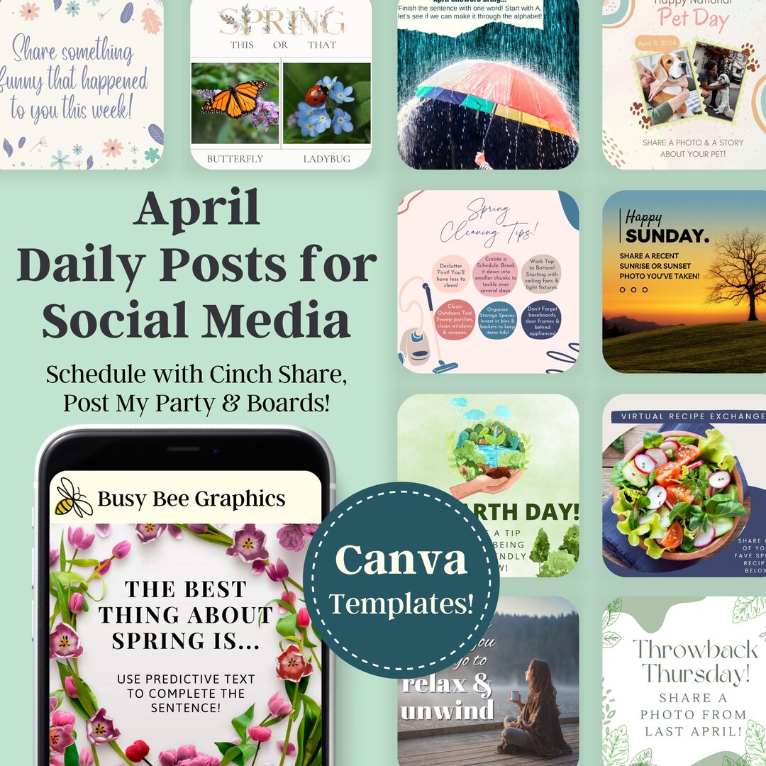 APRIL 2024 Daily Posts - Graphics, Captions, Scheduling Links & Canva ...
