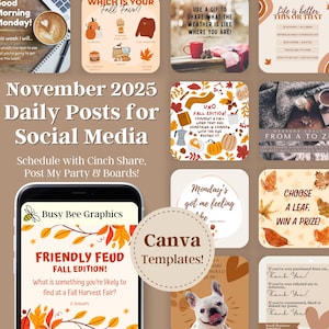 Könnte beinhalten: Eine Collage von Social-Media-Vorlagen mit Herbstmotiven. Enthält Bilder von Kürbissen, Blättern, Kaffee und Text mit der Aufschrift "Friendly Feud Fall Edition" und "Canva Templates!" Das Farbschema ist warm mit Orange-, Braun- und Beigetönen.