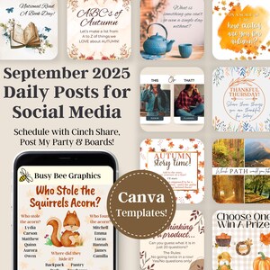 Könnte beinhalten: Eine Sammlung von Social-Media-Vorlagen für September 2025 mit Herbstmotiven. Enthält Grafiken mit Text wie "ABC des Herbstes", "Herbst-Storytime" und "Wer hat die Eichel des Eichhörnchens gestohlen?" Die Vorlagen sind für Canva.