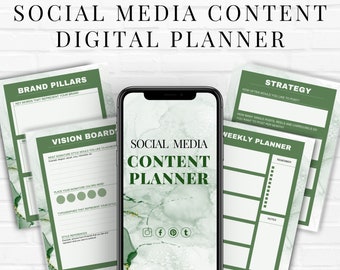 Könnte beinhalten: Ein digitaler Planer für Social-Media-Inhalte mit einem grünen und goldenen Marmorhintergrund. Der Planer enthält Abschnitte für Markenpfeiler, Vision Board, Strategie und Wochenplaner.