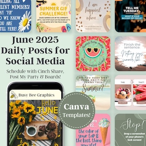 May include: A collage of colourful social media post templates for June 2025. The templates feature summer-themed graphics, text prompts, and a call to action to use Canva. The text "June 2025 Daily Posts for Social Media" is at the top of the collage.