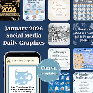 May include: A collection of social media graphics for January 2026, featuring winter-themed games, prompts, and activities. The design includes a mug with marshmallows, a Canva Templates circle, and text like "Winter Scattergories!" and "Happy New Year 2026."