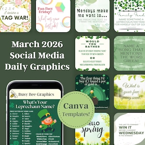 Puede incluir: Gráficos de redes sociales para marzo de 2026, con temas de primavera y San Patricio. Un teléfono muestra un juego "¿Cuál es tu nombre de duende?". Los gráficos incluyen indicaciones y se crean con plantillas de Canva.