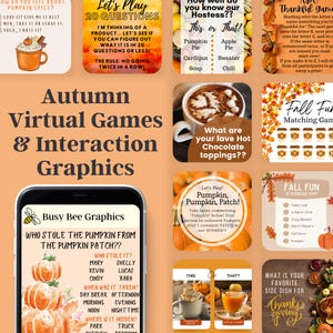 May include: A digital graphic for autumn-themed virtual games and interaction. The image features various game prompts, including a 20 questions game, a matching game, and a scavenger hunt. The color palette includes orange, brown, and white.
