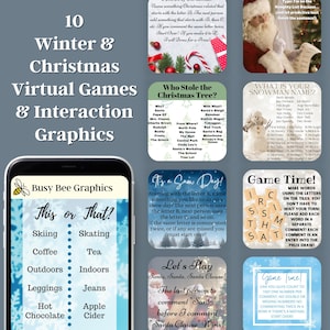 May include: A collage of colorful images with text related to winter and Christmas virtual games and interaction graphics. The images include a snowman, a Christmas tree, a snow day, and a game board.
