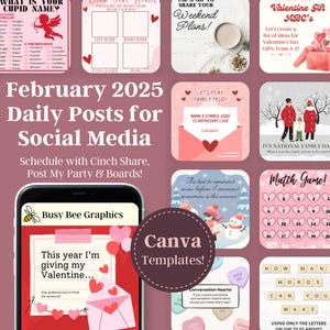 Könnte beinhalten: Eine Collage von Bildern mit Valentinstag-Motiven. Die Bilder beinhalten einen Valentinstags-Geschenkführer, ein Familienfehde-Spiel, ein Match-Spiel, ein Gesprächsherz-Spiel und eine Canva-Vorlage für einen Valentinstags-Post. Der Text "Februar 2025 Tägliche Posts für Social Media" befindet sich oben in der Collage.