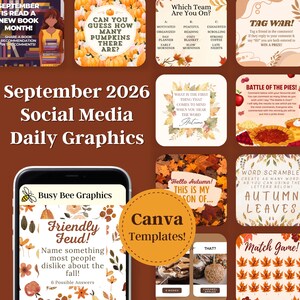 Puede incluir: Una colección de gráficos diarios para redes sociales de septiembre de 2026 y plantillas de Canva con diseños de temática otoñal. Las imágenes incluyen textos como Friendly Feud, Battle of the Pies y Word Scramble, decorados con calabazas, hojas y motivos estacionales.