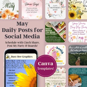 May include: A collage of colourful images with text overlays. The images include flowers, a window view, a picnic basket, a brain, a sunflower, and a hand writing. The text includes "Hello May", "Simon Says", "Happy Mother's Day", "What would you bring to a picnic?", "Mental Health", "Sun, Sun, Sunflower", "Canva Templates", "Spring Showers Bring May Flowers", "Choose or Win a Prize", and "Let's fill the comments with mini stories".