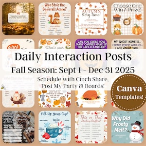 May include: A collage of fall-themed social media templates. The image features various interactive posts with text like "Who Stole the Squirrels Acorn?" and "Autumn Story Time!" The templates are designed for the fall season, from September 1 to December 31, 2025, and include Canva templates.