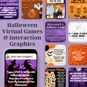 May include: A collage of colorful images with text related to Halloween virtual games and activities. The images include ghosts, pumpkins, bats, and candy. The text includes phrases like "Trick or Treat", "Halloween Party", and "What is your favorite Halloween candy?"