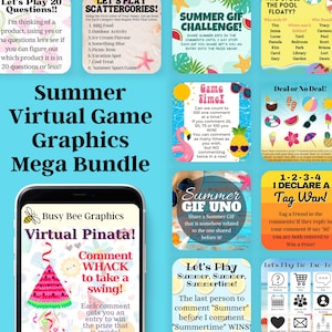 May include: A collection of colorful digital graphics for summer virtual games. The graphics feature a variety of themes, including a pinata, a game of UNO, a tag war, and a deal or no deal game. The graphics are designed to be used for online games and activities.