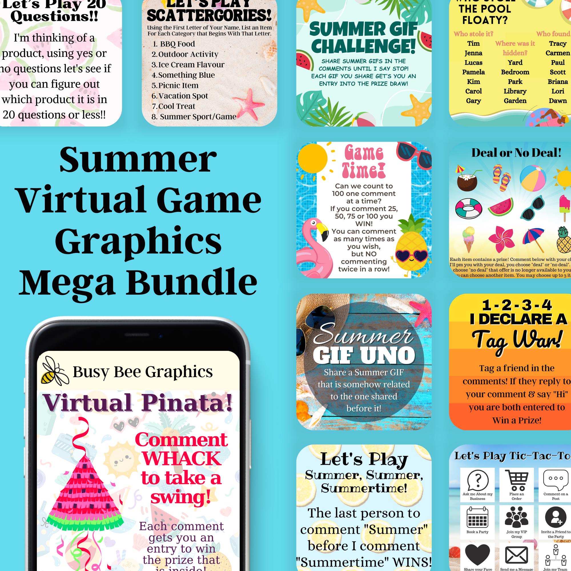 30 Summer Virtual Party Games with 141 Graphics & Editable Canva Templates For Direct Sellers, Small Business Owners, Social Media Marketing