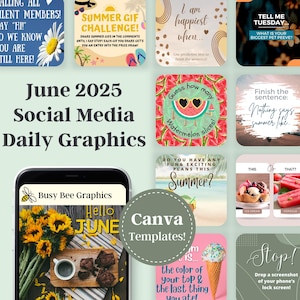 May include: A collection of nine colourful social media graphics for June 2025. The graphics feature summer themes, including watermelon, ice cream, and sunflowers. The text on the graphics includes phrases like "Summer Gif Challenge", "Guess how many watermelon slices", and "Do you have any fun & exciting plans this summer?"