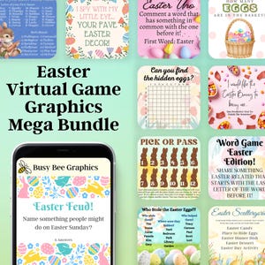 May include: A digital bundle of Easter virtual game graphics. The collection includes templates for games like "Easter Feud" and "Easter Uno," with colourful designs. The graphics feature Easter eggs, bunnies, and floral elements, perfect for Easter activities.