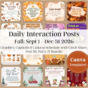 Puede incluir: Una colección de plantillas cuadradas para redes sociales con temas de otoño y festividades, incluyendo textos como Friendly Feud, Tag War y Daily Interaction Posts Fall Sept 1 - Dec 31 2026. Los gráficos muestran calabazas, hojas y pavos.