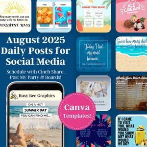 Könnte beinhalten: Ein Grafikdesign mit Social-Media-Vorlagen für August 2025. Das Design umfasst Strandmotive, Textaufforderungen und ein Handy-Mockup. Die Farbpalette ist lebendig, mit Blau-, Rosa- und Gelbtönen.