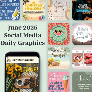 JUNI 2025 Socialmedia-graphics, engagementposts, Facebook, Instagram, bundel voor kleine bedrijven, sjabloon voor directe verkoop, socialmediamanager